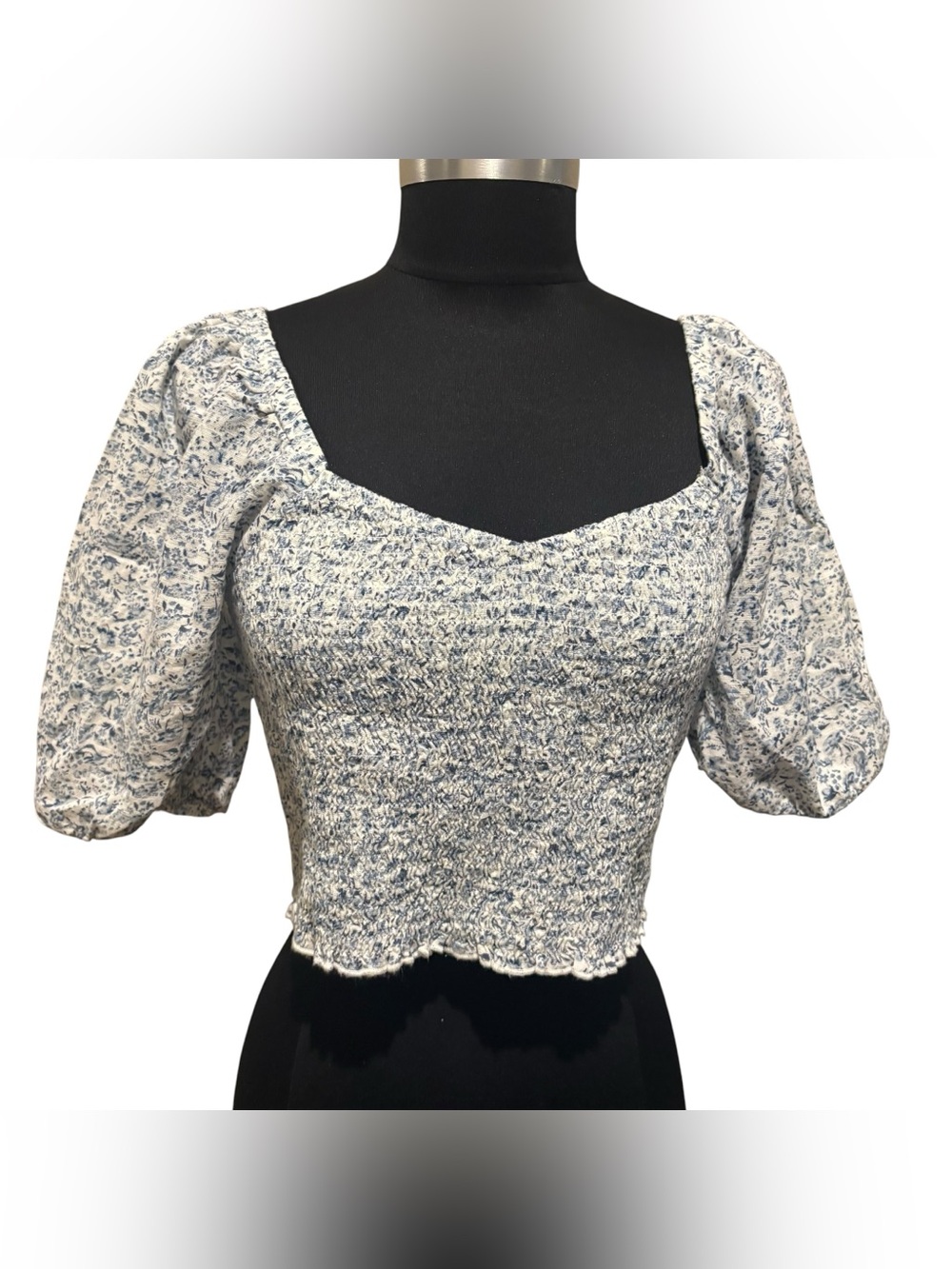 American Eagle Outfitters Blue and White Smocked Puff Sleeve Crop Top S